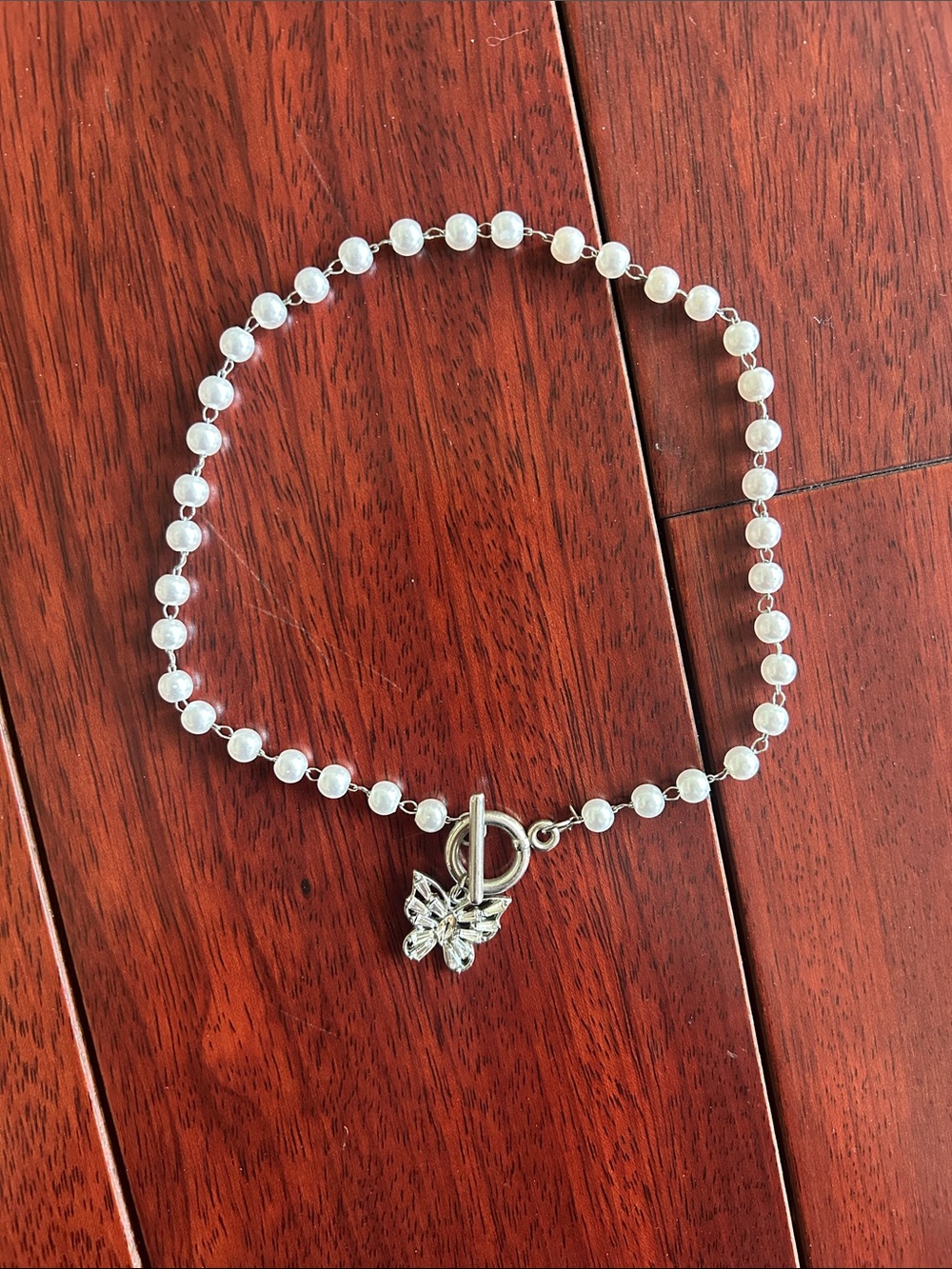 Pearl Bead Toggle Necklace choker with Butterfly Charm